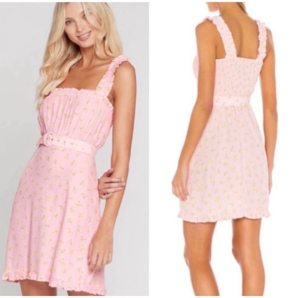Faithfull the Brand Mid Summer Mini Dress Luda Floral Pink Ruffle Belted‎ 4 New